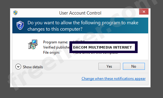 Screenshot where DACOM MULTIMEDIA INTERNET appears as the verified publisher in the UAC dialog